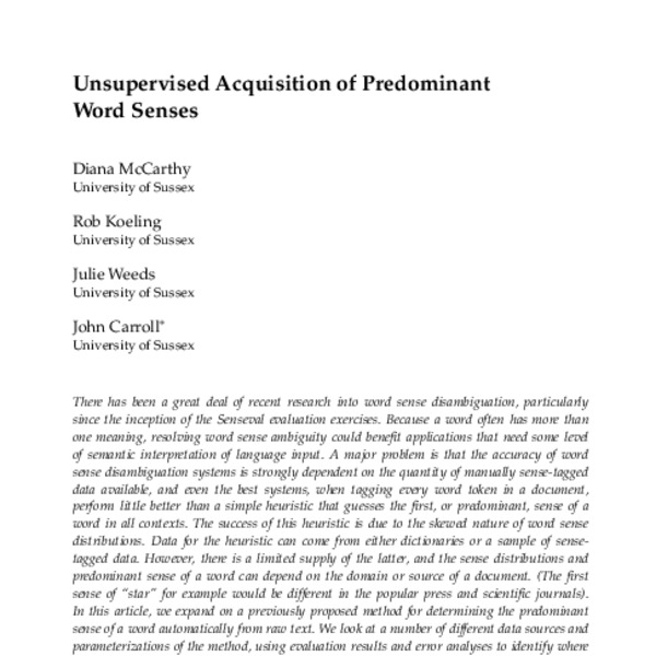 Unsupervised Acquisition of Predominant Word Senses - ACL Anthology