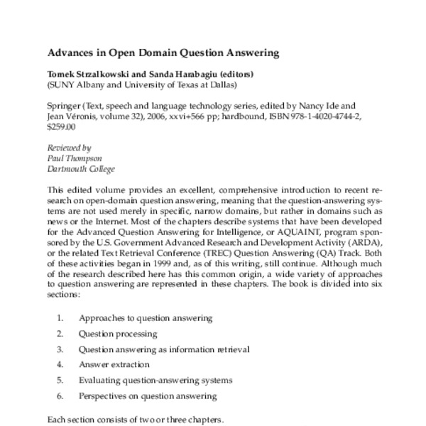 Advances in Open Domain Question Answering, edited by Tomek ...