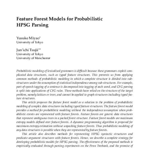Feature Forest Models for Probabilistic HPSG Parsing - ACL Anthology