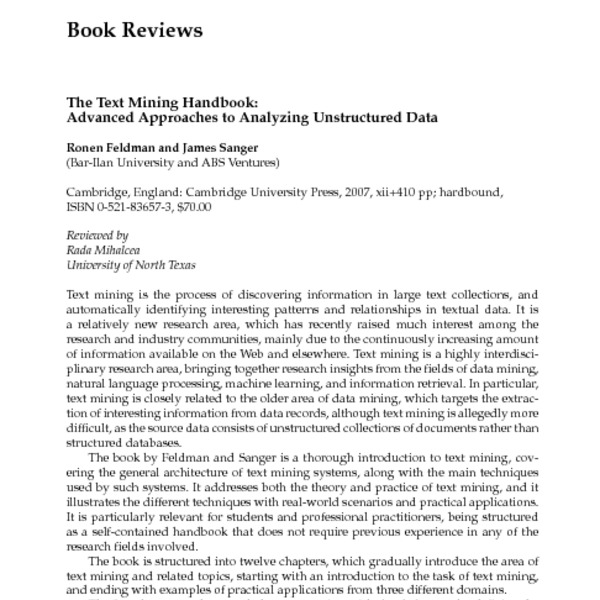 Book Reviews: The Text Mining Handbook: Advanced Approaches To ...