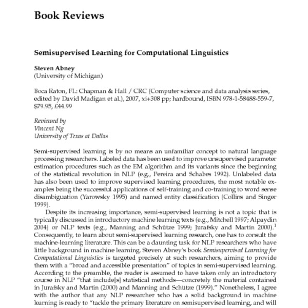 Book Reviews: Semisupervised Learning for Computational 