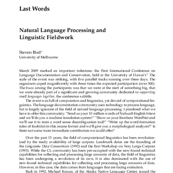Last Words: Natural Language Processing and Linguistic Fieldwork - ACL ...