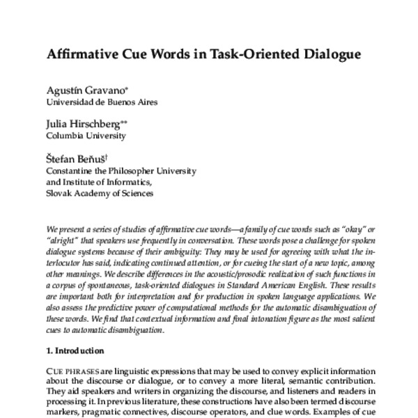 Affirmative Cue Words in Task-Oriented Dialogue - ACL Anthology