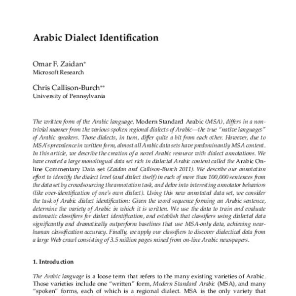 Arabic Dialect Identification - ACL Anthology