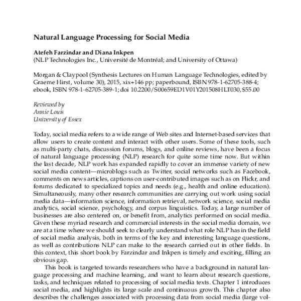 Book Reviews: Natural Language Processing for Social Media by Atefeh ...