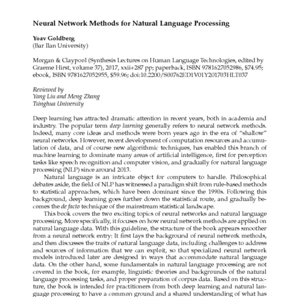 Neural Network Methods for Natural Language Processing by Yoav Goldberg ...