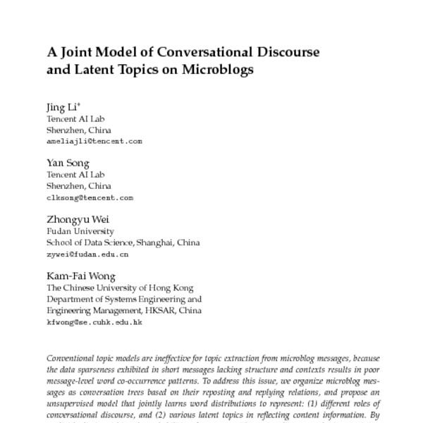 A Joint Model of Conversational Discourse Latent Topics on Microblogs ...