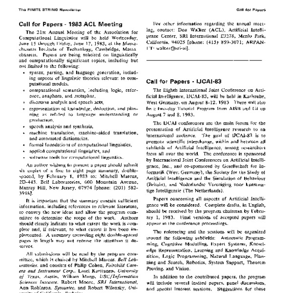 Call for Papers 1983 ACL Meeting ACL Anthology