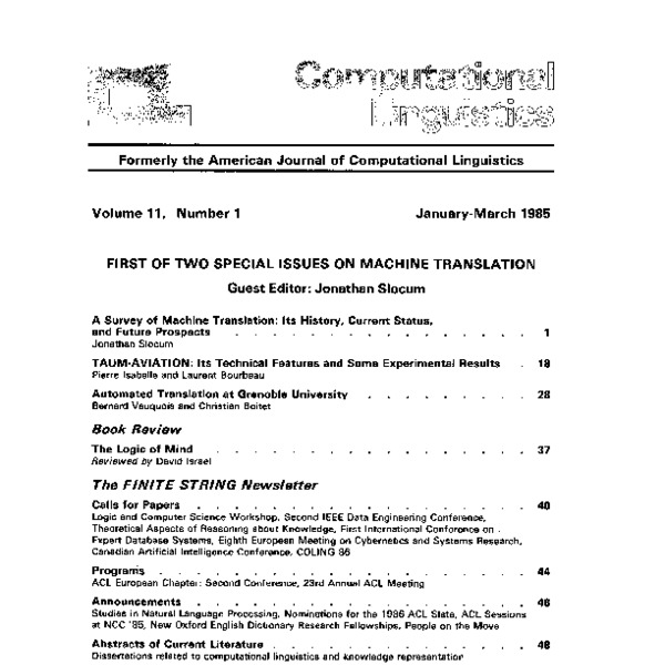Computational Linguistics Formerly The American Journal Of Computational Linguistics Volume 11