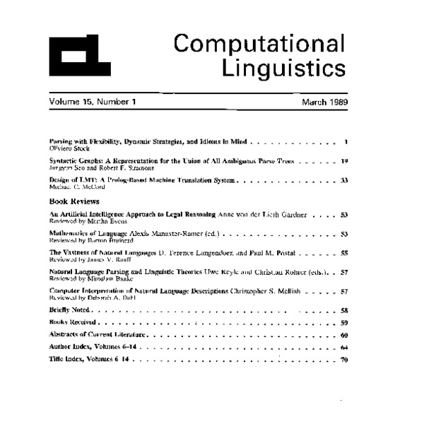 Computational Linguistics, Volume 15, Number 1, March 1989 - ACL Anthology