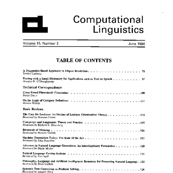 Computational Linguistics, Volume 15, Number 2, June 1989 - ACL Anthology
