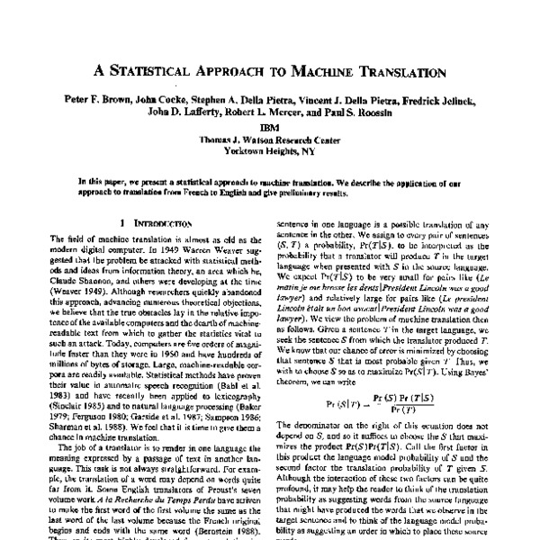 A Statistical Approach to Machine Translation - ACL Anthology