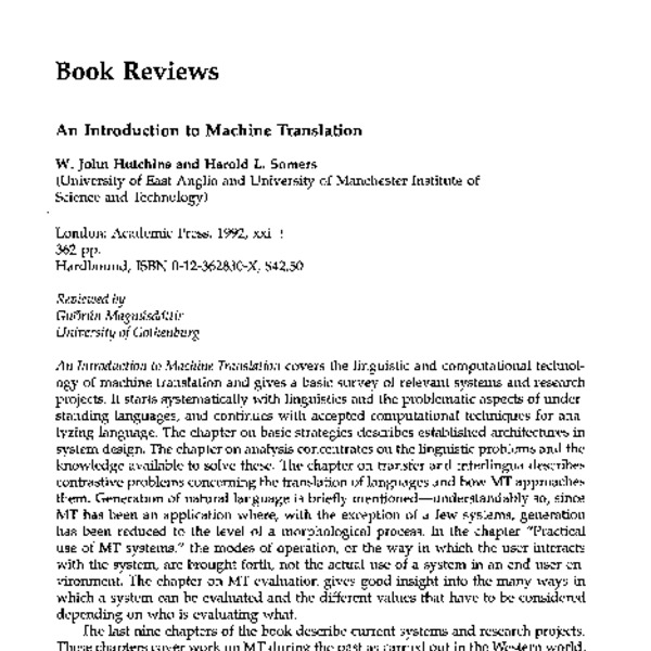 Book Reviews: An Introduction to Machine Translation - ACL Anthology