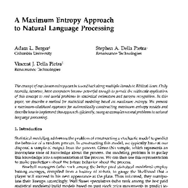 A Maximum Entropy Approach to Natural Language Processing - ACL