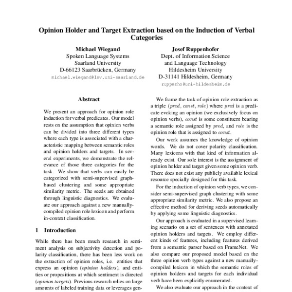 Opinion Holder and Target Extraction based on the Induction of Verbal ...