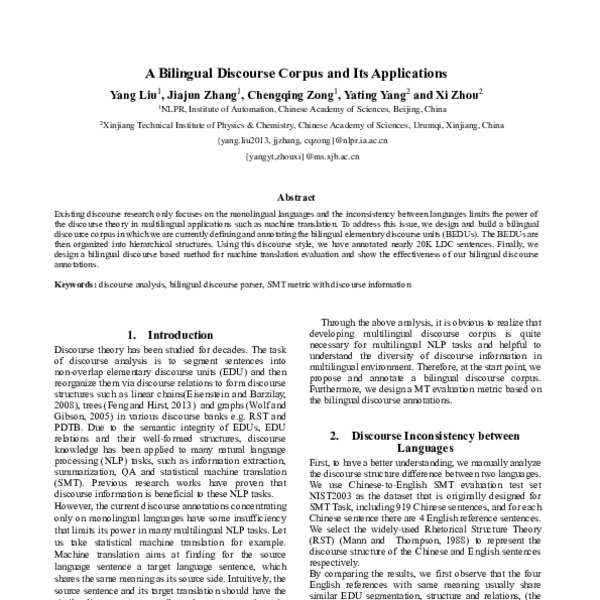A Bilingual Discourse Corpus and Its Applications - ACL Anthology