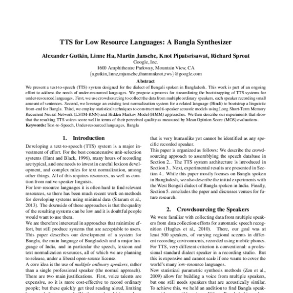 TTS for Low Resource Languages A Bangla Synthesizer ACL Anthology