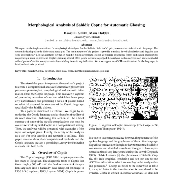 Morphological Analysis of Sahidic Coptic for Automatic Glossing - ACL ...