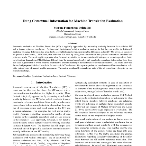 Using Contextual Information For Machine Translation Evaluation Acl Anthology