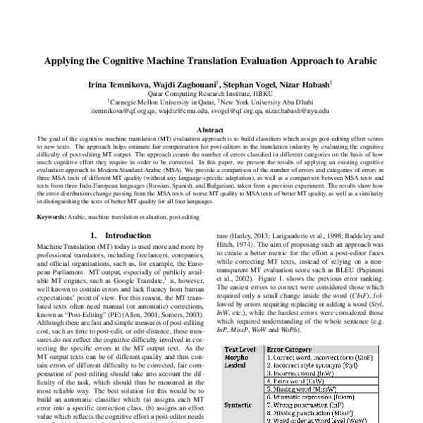 Applying the Cognitive Machine Translation Evaluation Approach to ...