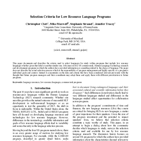 Selection Criteria For Low Resource Language Programs ACL Anthology
