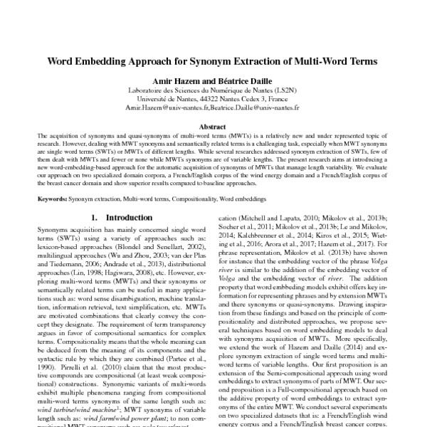 Word Embedding Approach For Synonym Extraction Of Multi Word Terms 