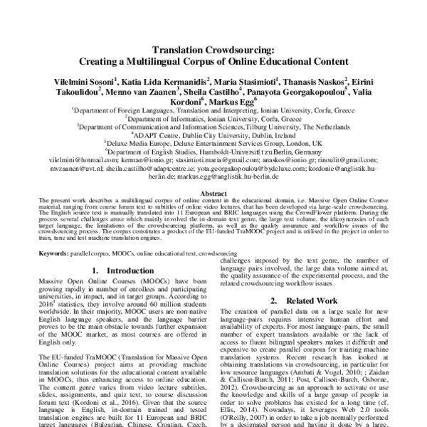 Translation Crowdsourcing: Creating a Multilingual Corpus of Online ...