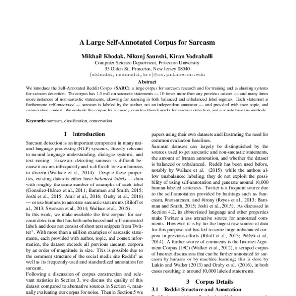 A Large Self-Annotated Corpus for Sarcasm - ACL Anthology