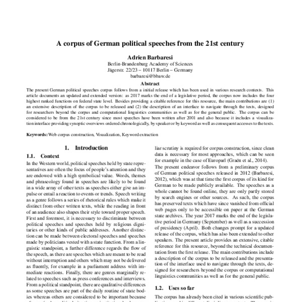 A corpus of German political speeches from the 21st century - ACL Anthology