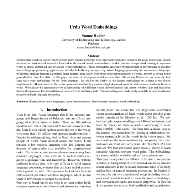 Urdu Word Embeddings - ACL Anthology