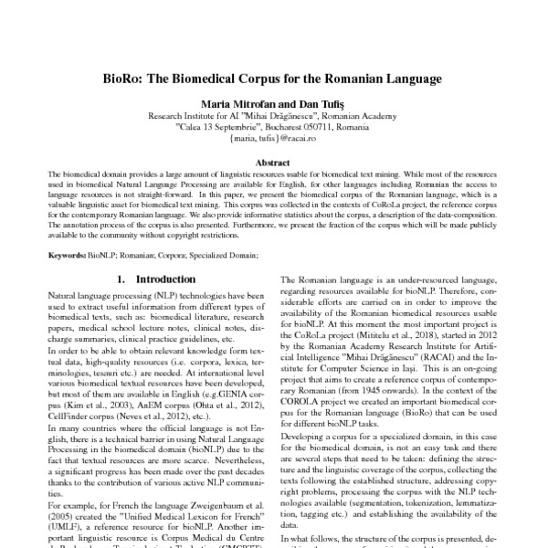 BioRo: The Biomedical Corpus For The Romanian Language - ACL Anthology