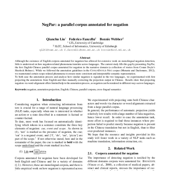 NegPar: A parallel corpus annotated for negation - ACL Anthology