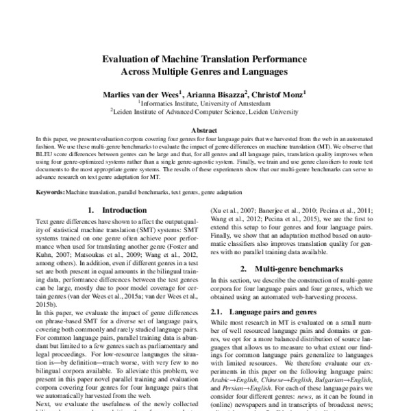Evaluation of Machine Translation Performance Across Multiple Genres ...