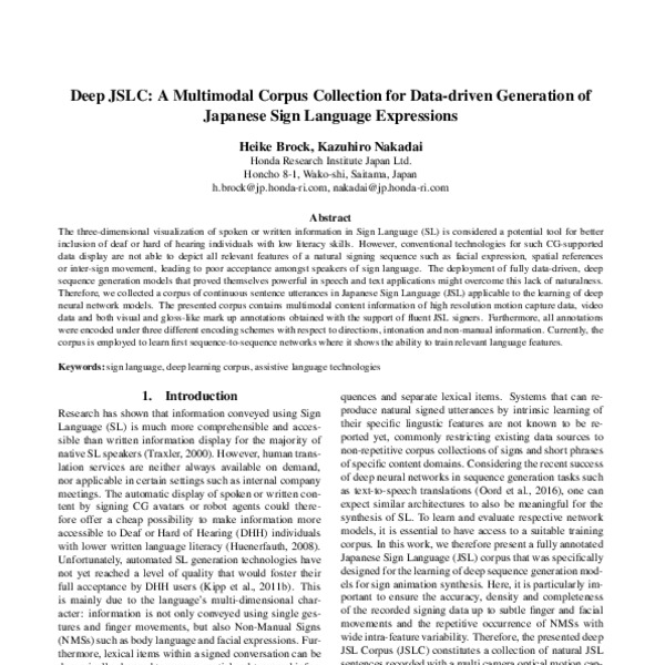 Deep JSLC: A Multimodal Corpus Collection for Data-driven Generation of ...
