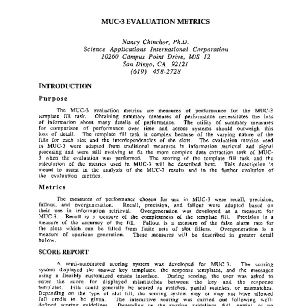 MUC-3 Evaluation Metrics - ACL Anthology