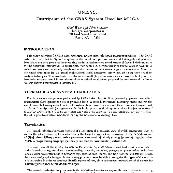 UNISYS: Description of the CBAS System Used for MUC-5 - ACL Anthology