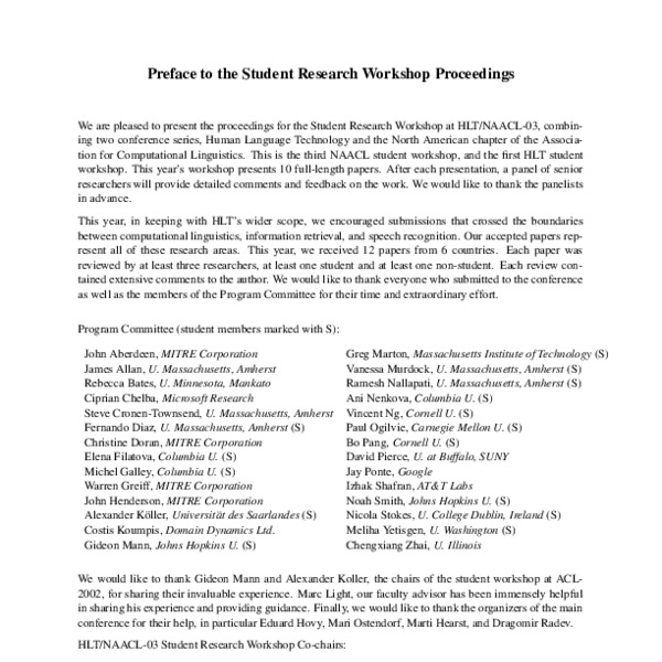 Proceedings of the HLTNAACL 2003 Student Research ACL Anthology