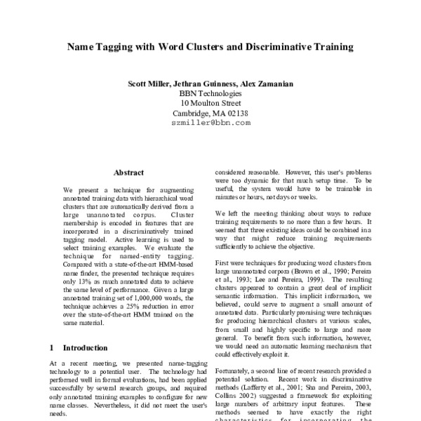 Name Tagging with Word Clusters and Discriminative Training - ACL Anthology