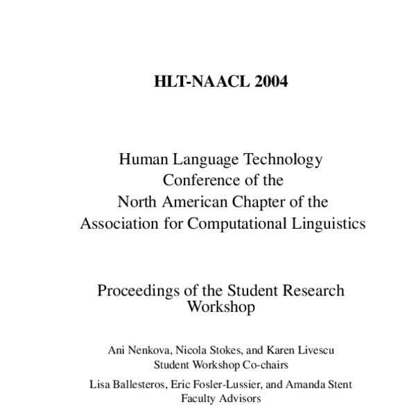 Proceedings of the Student Research at HLTNAACL 2004 ACL