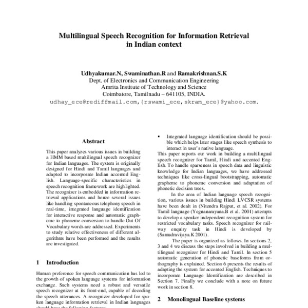 Multilingual Speech Recognition for Information Retrieval in Indian ...