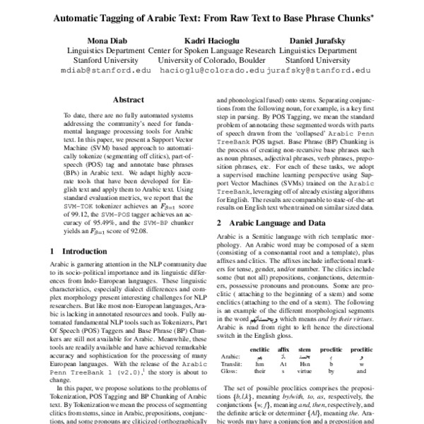 Automatic Tagging of Arabic Text: From Raw Text to Base Phrase Chunks ...