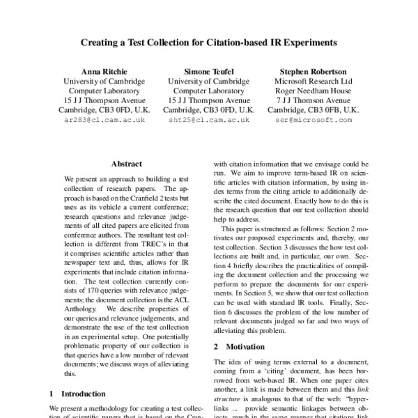 Creating A Test Collection For Citation based IR Experiments ACL