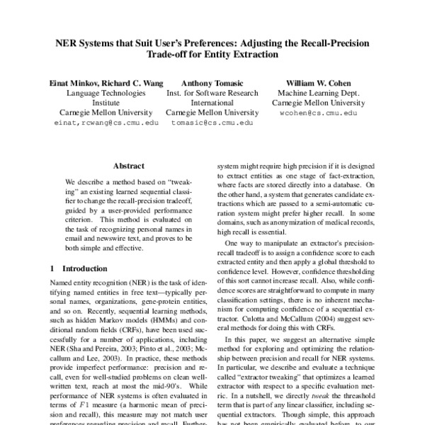 NER Systems that Suit User’s Preferences Adjusting the Recall