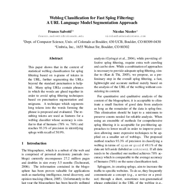 Weblog Classification for Fast Splog Filtering: A URL Language Model ...