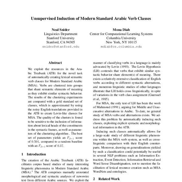 Unsupervised Induction of Modern Standard Arabic Verb Classes ACL