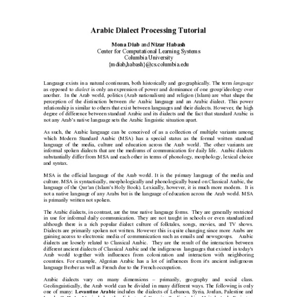Arabic Dialect Processing Tutorial - ACL Anthology