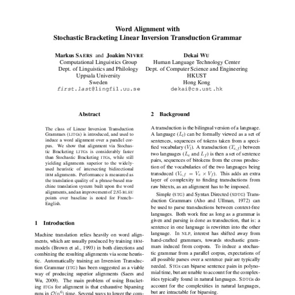 Word Alignment with Stochastic Bracketing Linear Inversion Transduction ...