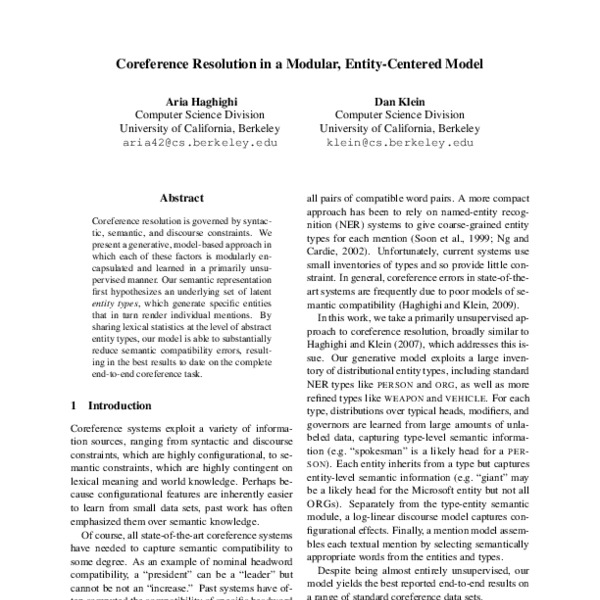 Coreference Resolution in a Modular, Entity-Centered Model - ACL Anthology