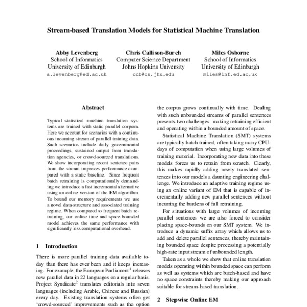 Stream Based Translation Models For Statistical Machine Translation Acl Anthology