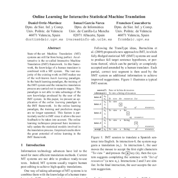 Online Learning for Interactive Statistical Machine Translation - ACL ...
